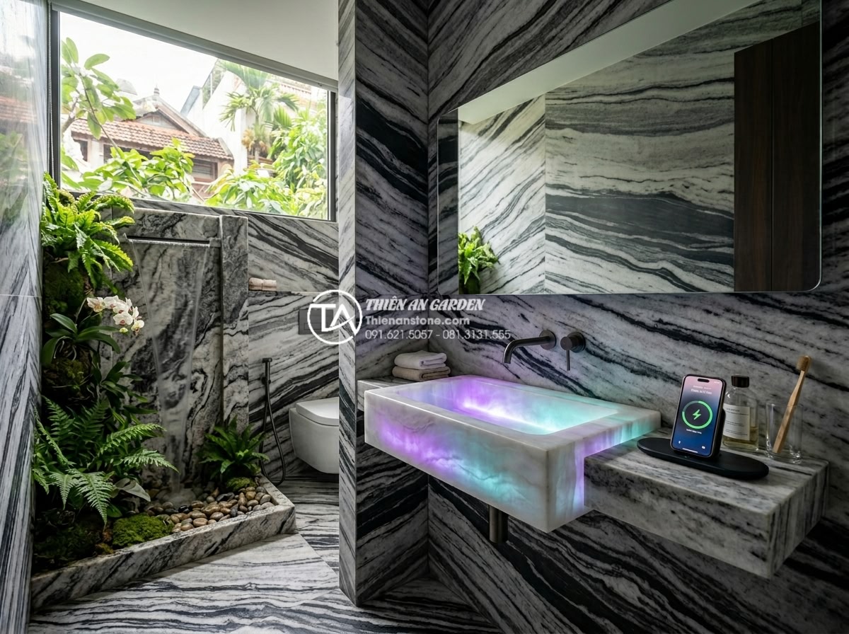 Có Nên Mua Bàn Đá Lavabo Treo Tường Cho Phòng Tắm Nhỏ Hẹp? - Futuristic yet realistic 2026 trend visualization of a small luxury bathroom wit