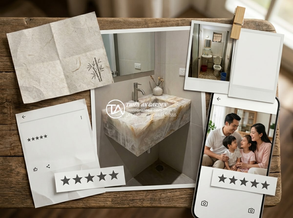 Có Nên Mua Bàn Đá Lavabo Treo Tường Cho Phòng Tắm Nhỏ Hẹp? - Real customer testimonial collage image featuring happy Vietnamese family in the