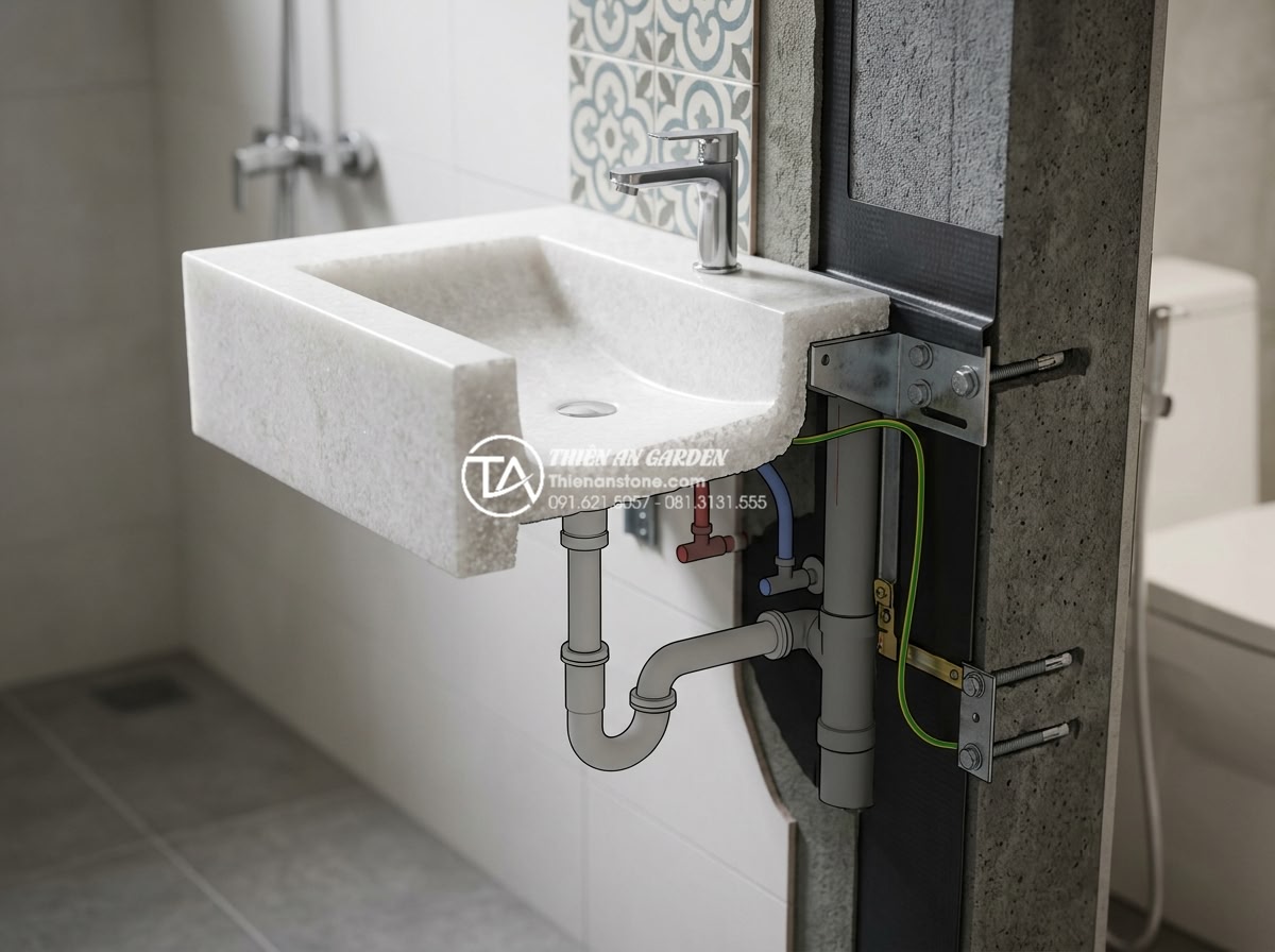 Có Nên Mua Bàn Đá Lavabo Treo Tường Cho Phòng Tắm Nhỏ Hẹp? - Technical diagram style professional image showing cross-section of wall-mounted