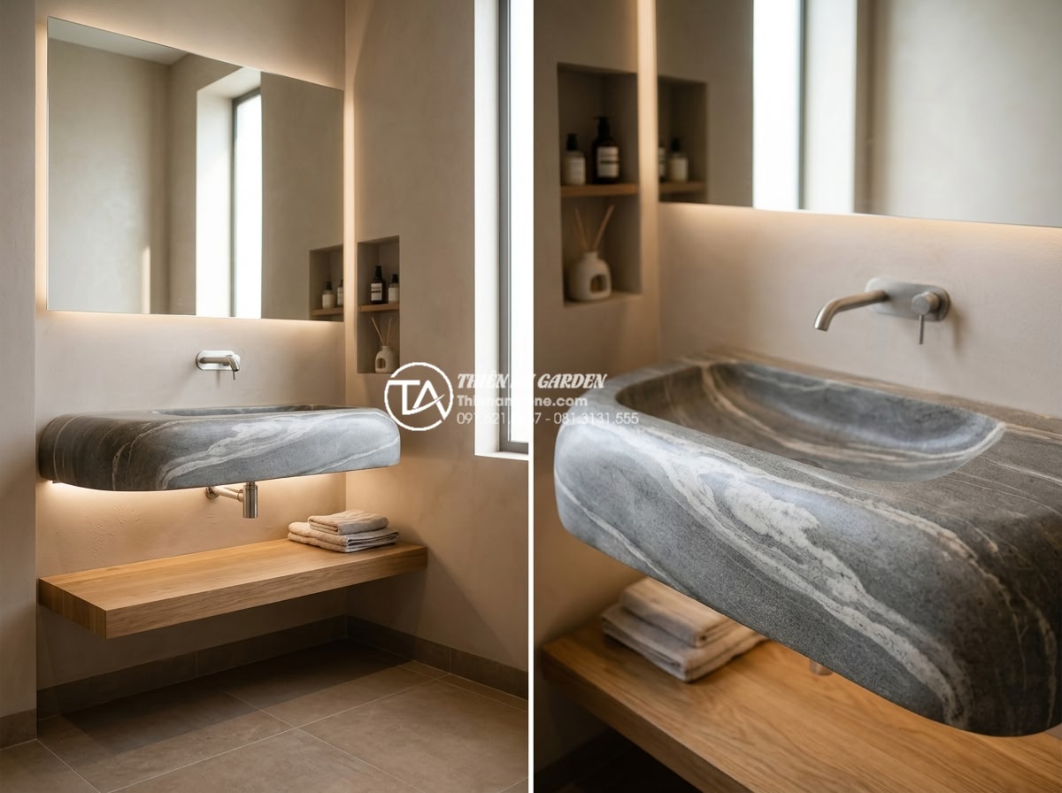 Có Nên Mua Bàn Đá Lavabo Treo Tường Cho Phòng Tắm Nhỏ Hẹp? - Modern interior design rendering of a tiny 4 square meter bathroom showcasing pe