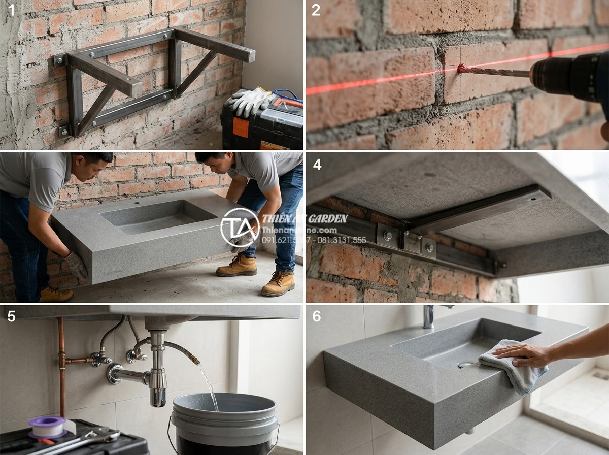 Có Nên Mua Bàn Đá Lavabo Treo Tường Cho Phòng Tắm Nhỏ Hẹp? - Step-by-step professional installation sequence photos collage of wall-mounted s
