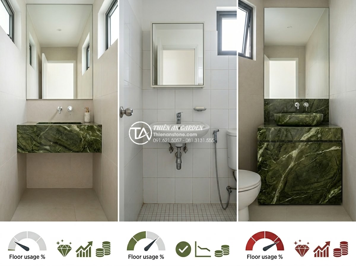 Có Nên Mua Bàn Đá Lavabo Treo Tường Cho Phòng Tắm Nhỏ Hẹp? - Professional comparison infographic style image showing three bathroom setups si