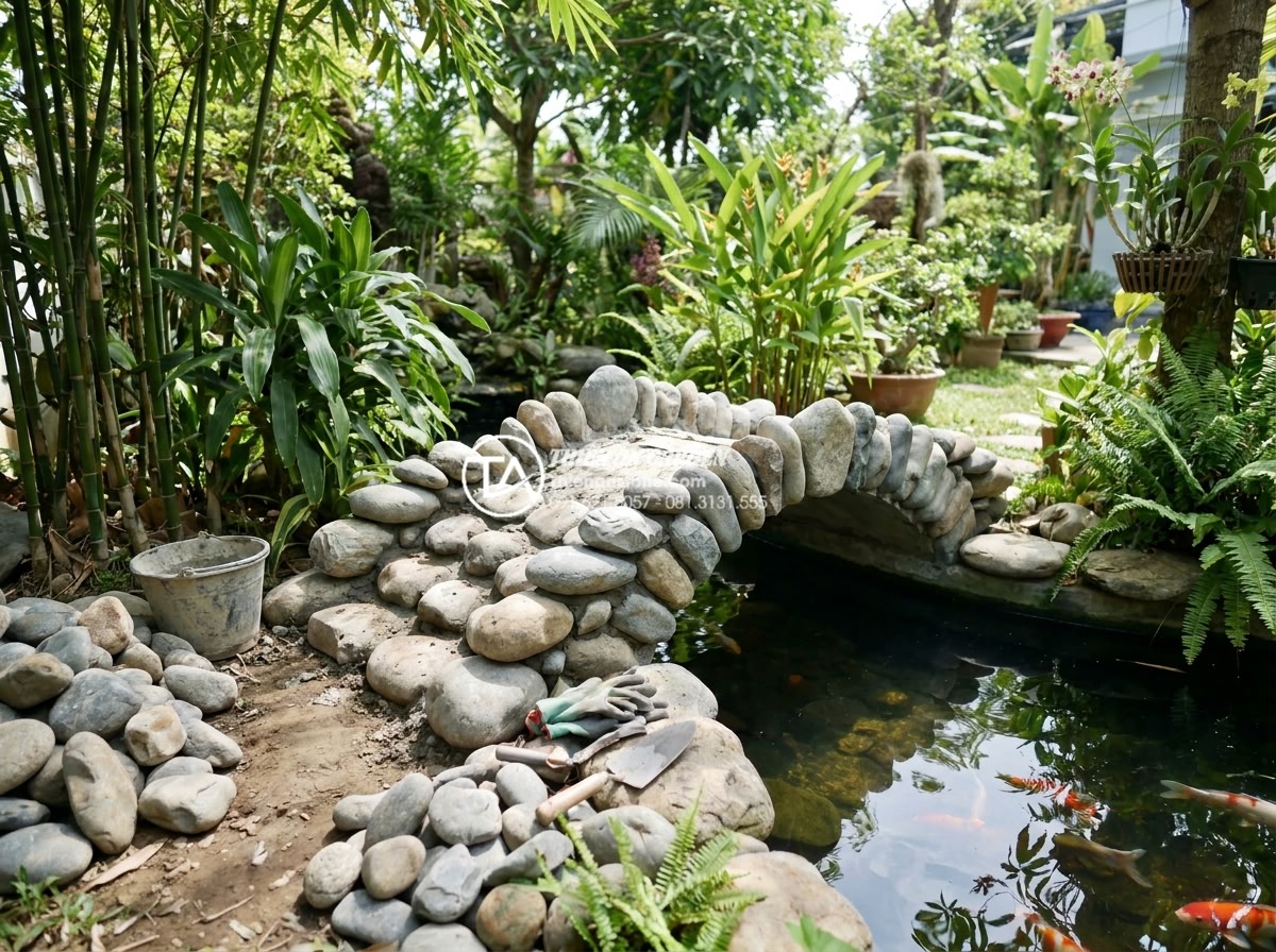 Có nên tự làm cầu đá sân vườn handmade? Ưu và nhược điểm cần cân nhắc - Hình 1 Có nên tự làm cầu đá sân vườn handmade? Ưu và nhược điểm cần cân nhắc - Realistic wide-angle photograph of a homeowner carefully hand-building a small n
