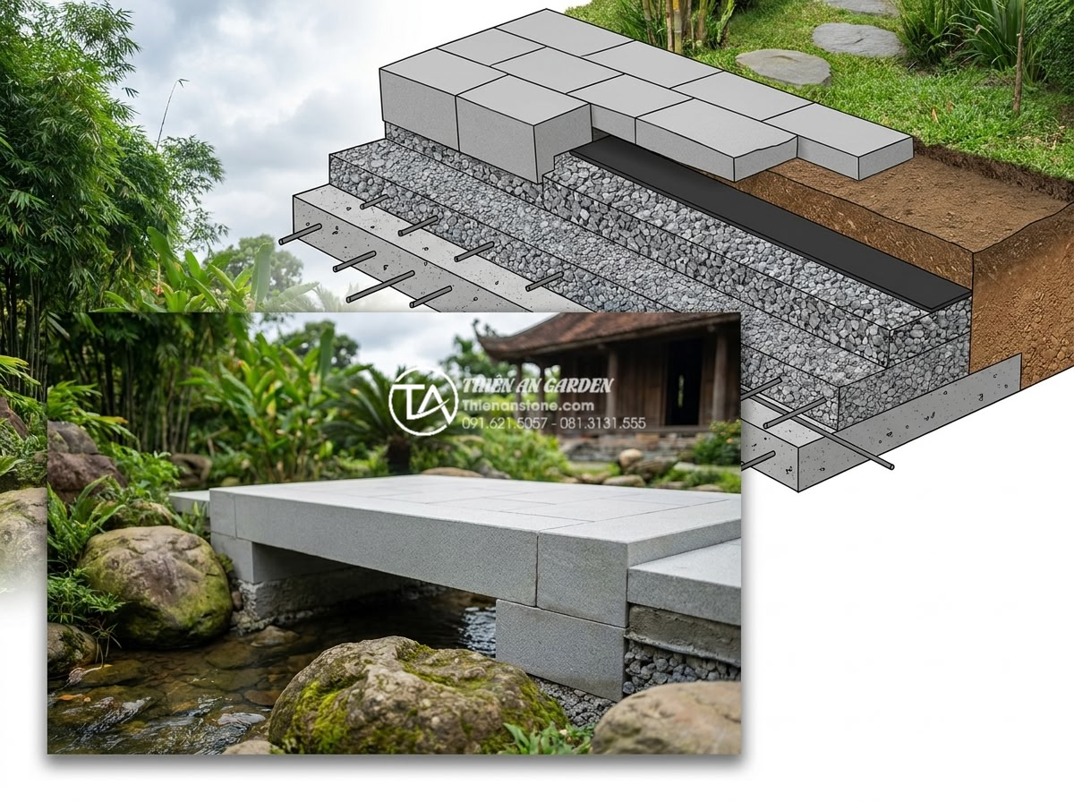 Có nên tự làm cầu đá sân vườn handmade? Ưu và nhược điểm cần cân nhắc - Hình 11 Có nên tự làm cầu đá sân vườn handmade? Ưu và nhược điểm cần cân nhắc - Technical cross-section diagram and real photo overlay showing proper foundation