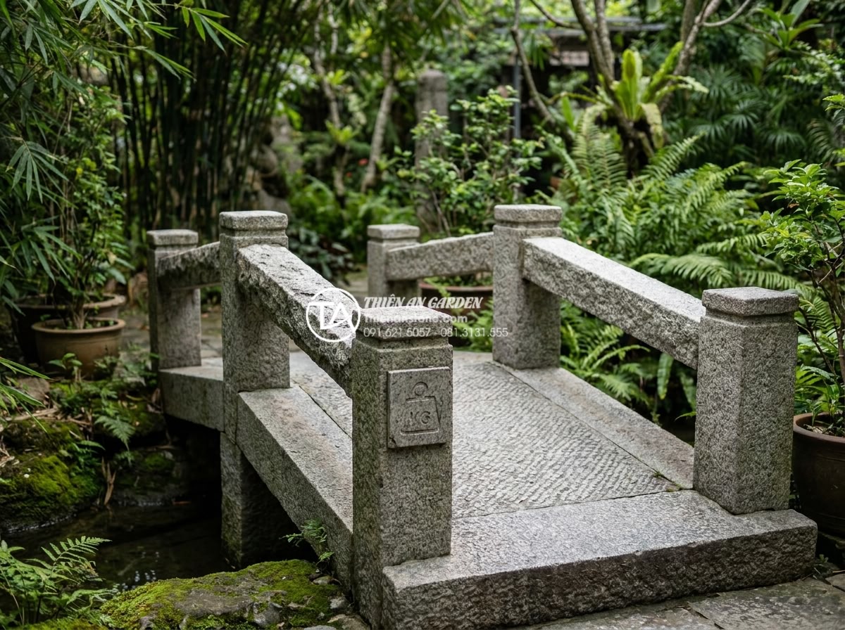 Có nên tự làm cầu đá sân vườn handmade? Ưu và nhược điểm cần cân nhắc - Hình 12 Có nên tự làm cầu đá sân vườn handmade? Ưu và nhược điểm cần cân nhắc - Safety-focused realistic image of a well-constructed handmade stone garden bridg