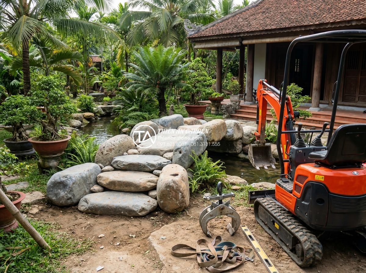 Có nên tự làm cầu đá sân vườn handmade? Ưu và nhược điểm cần cân nhắc - Hình 15 Có nên tự làm cầu đá sân vườn handmade? Ưu và nhược điểm cần cân nhắc - Professional team from Thien An Stone company installing a premium natural stone