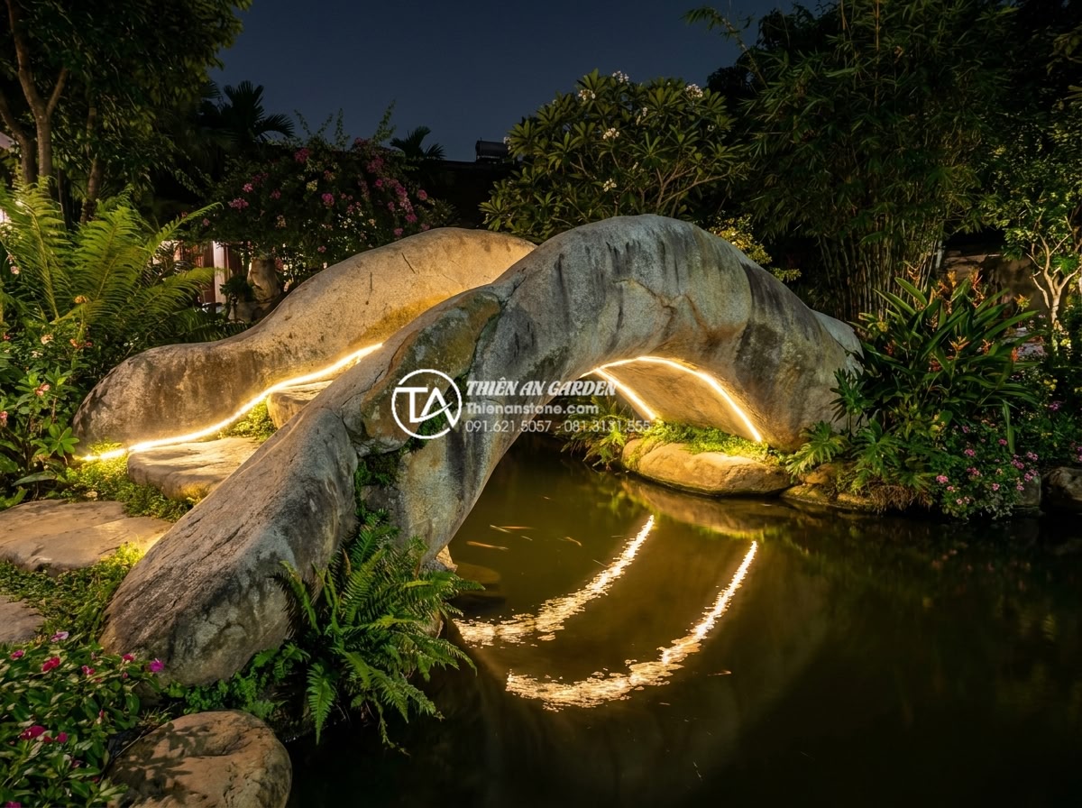 Có nên tự làm cầu đá sân vườn handmade? Ưu và nhược điểm cần cân nhắc - Hình 18 Có nên tự làm cầu đá sân vườn handmade? Ưu và nhược điểm cần cân nhắc - Night view of illuminated handmade stone garden bridge with warm LED lights high