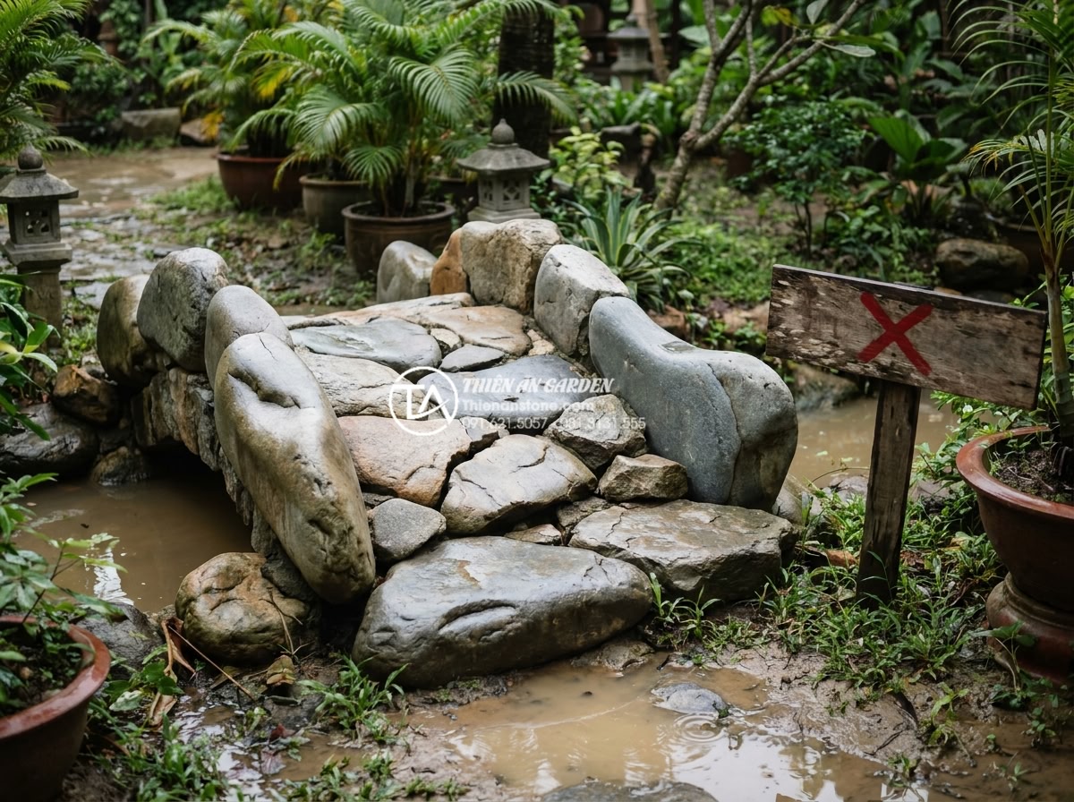 Có nên tự làm cầu đá sân vườn handmade? Ưu và nhược điểm cần cân nhắc - Hình 3 Có nên tự làm cầu đá sân vườn handmade? Ưu và nhược điểm cần cân nhắc - Warning scene showing a poorly constructed DIY stone garden bridge that has part
