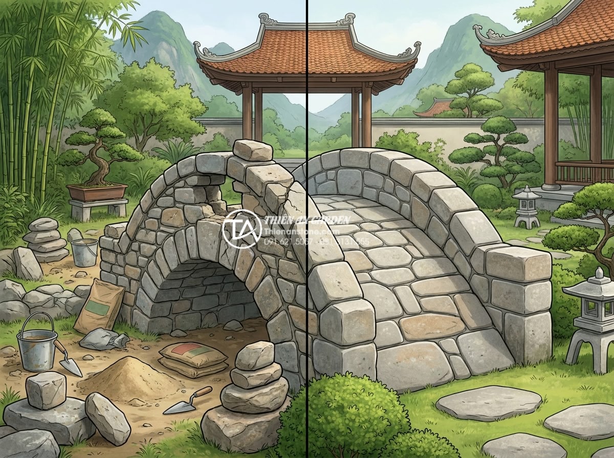 Có nên tự làm cầu đá sân vườn handmade? Ưu và nhược điểm cần cân nhắc - Hình 4 Có nên tự làm cầu đá sân vườn handmade? Ưu và nhược điểm cần cân nhắc - Professional comparison infographic split view: left side shows messy DIY stone