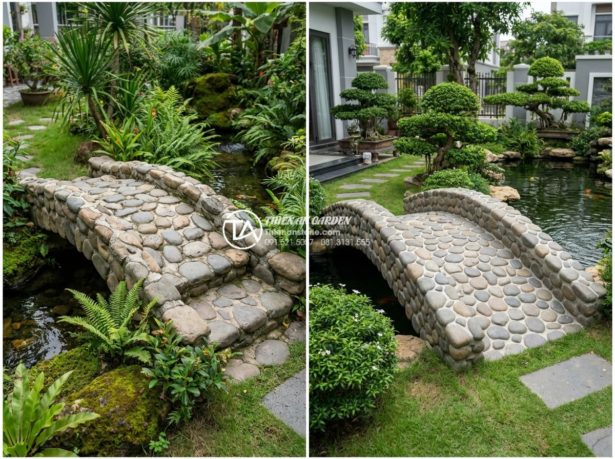 Có nên tự làm cầu đá sân vườn handmade? Ưu và nhược điểm cần cân nhắc - Hình 8 Có nên tự làm cầu đá sân vườn handmade? Ưu và nhược điểm cần cân nhắc - Side-by-side realistic photo comparison: left panel shows budget-friendly DIY st