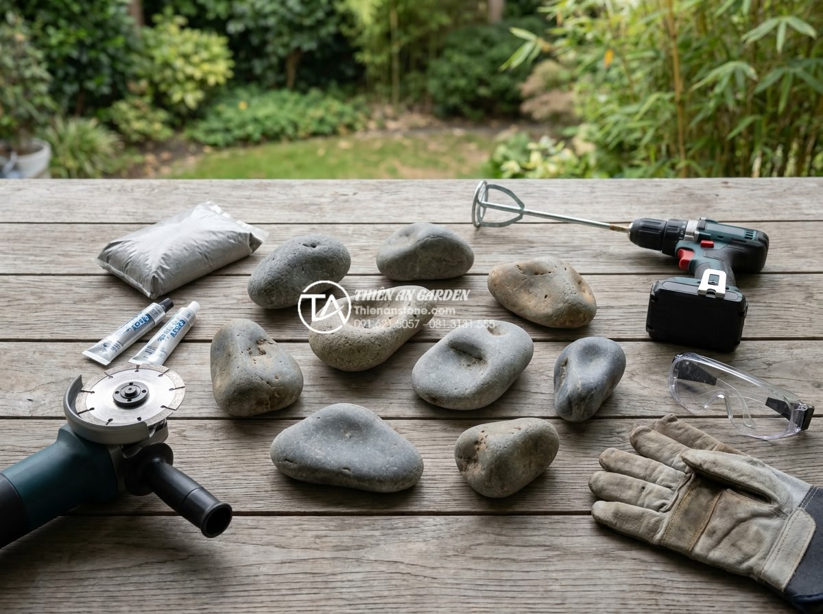 Có nên tự làm cầu đá sân vườn handmade? Ưu và nhược điểm cần cân nhắc - Hình 9 Có nên tự làm cầu đá sân vườn handmade? Ưu và nhược điểm cần cân nhắc - Professional flat-lay photography of essential tools and natural stone materials
