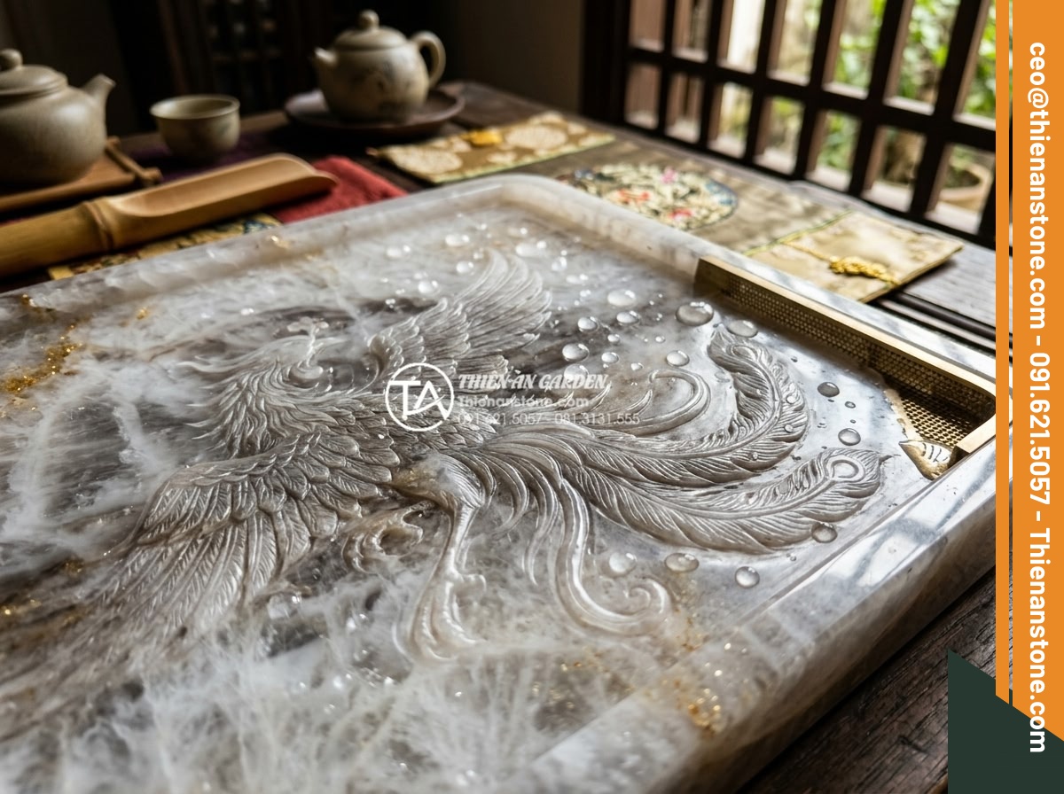 Đánh giá top 5 xưởng điêu khắc bàn trà đá uy tín nhất tại Đà Nẵng - Close-up high resolution image of natural stone tea table surface showing detail