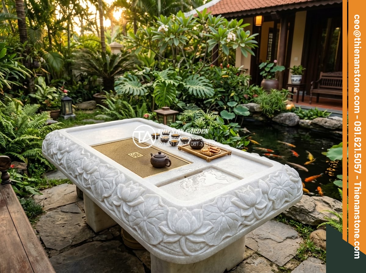 Đánh giá top 5 xưởng điêu khắc bàn trà đá uy tín nhất tại Đà Nẵng - Happy Vietnamese family enjoying afternoon tea around a large hand-carved natura