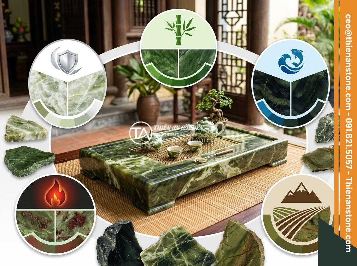 Đánh giá top 5 xưởng điêu khắc bàn trà đá uy tín nhất tại Đà Nẵng - Infographic style image explaining feng shui color matching for natural stone te