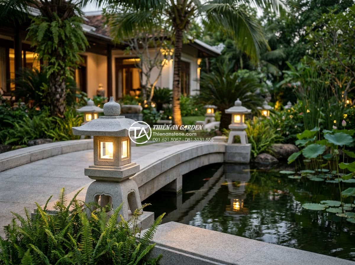 Đèn đá cầu sân vườn: Cách lựa chọn và bố trí ánh sáng chuẩn phong thủy - Hình 1 Đèn đá cầu sân vườn: Cách lựa chọn và bố trí ánh sáng chuẩn phong thủy - Photorealistic wide-angle view of a luxurious Vietnamese garden at dusk featurin