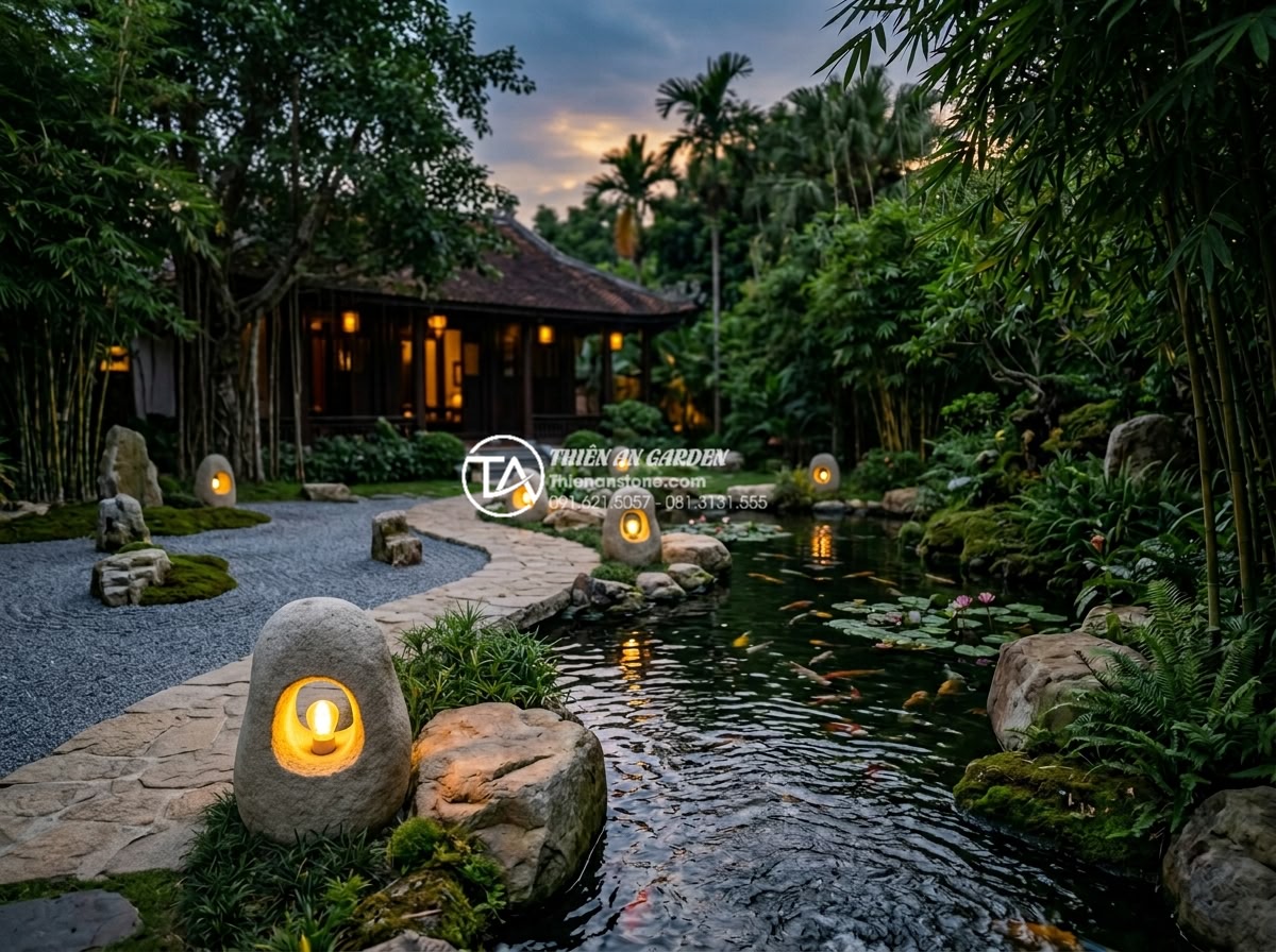 Đèn đá cuội sân vườn: Vẻ đẹp mộc mạc cho tiểu cảnh khô và hồ cá Koi - Harmonious Vietnamese garden scene at dusk featuring multiple natural pebble sto
