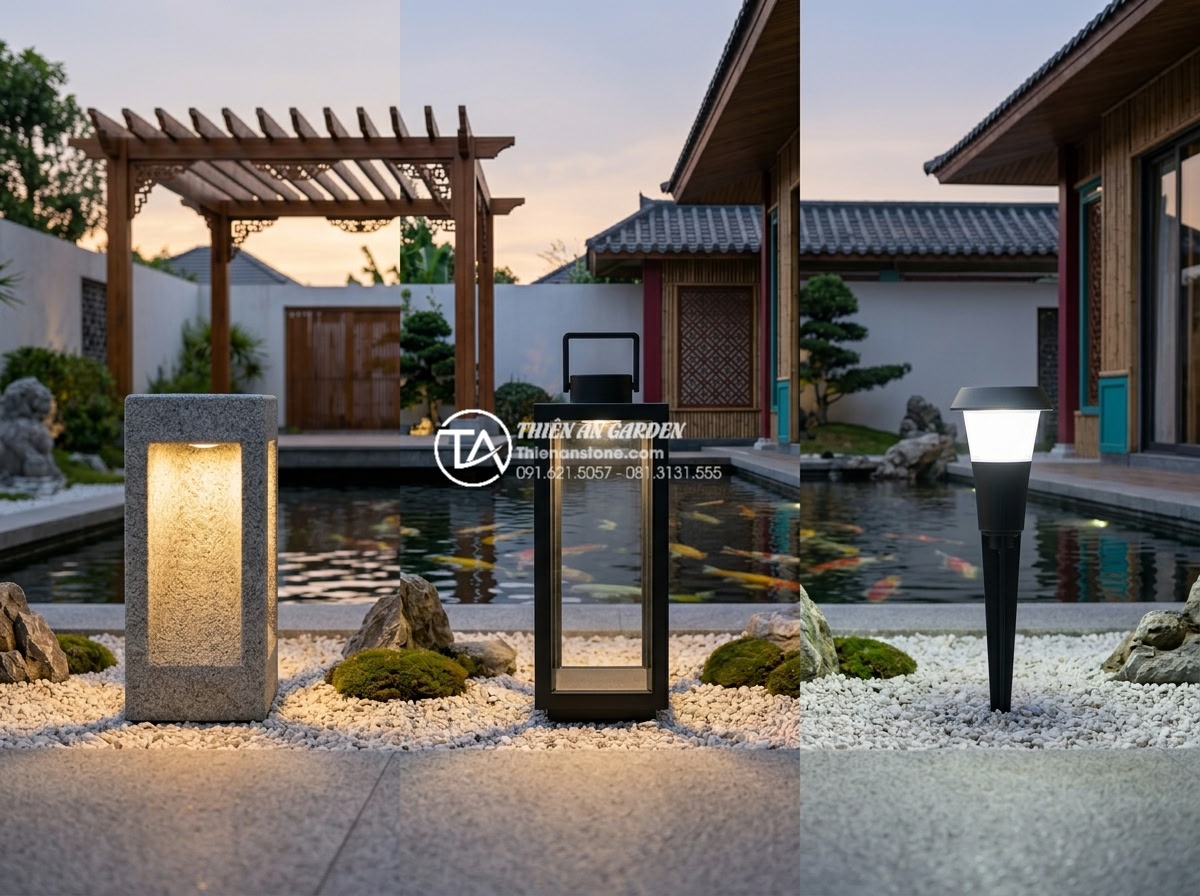 Đèn đá cuội sân vườn: Vẻ đẹp mộc mạc cho tiểu cảnh khô và hồ cá Koi - Side-by-side comparison of three garden lighting types in a modern Vietnamese vi