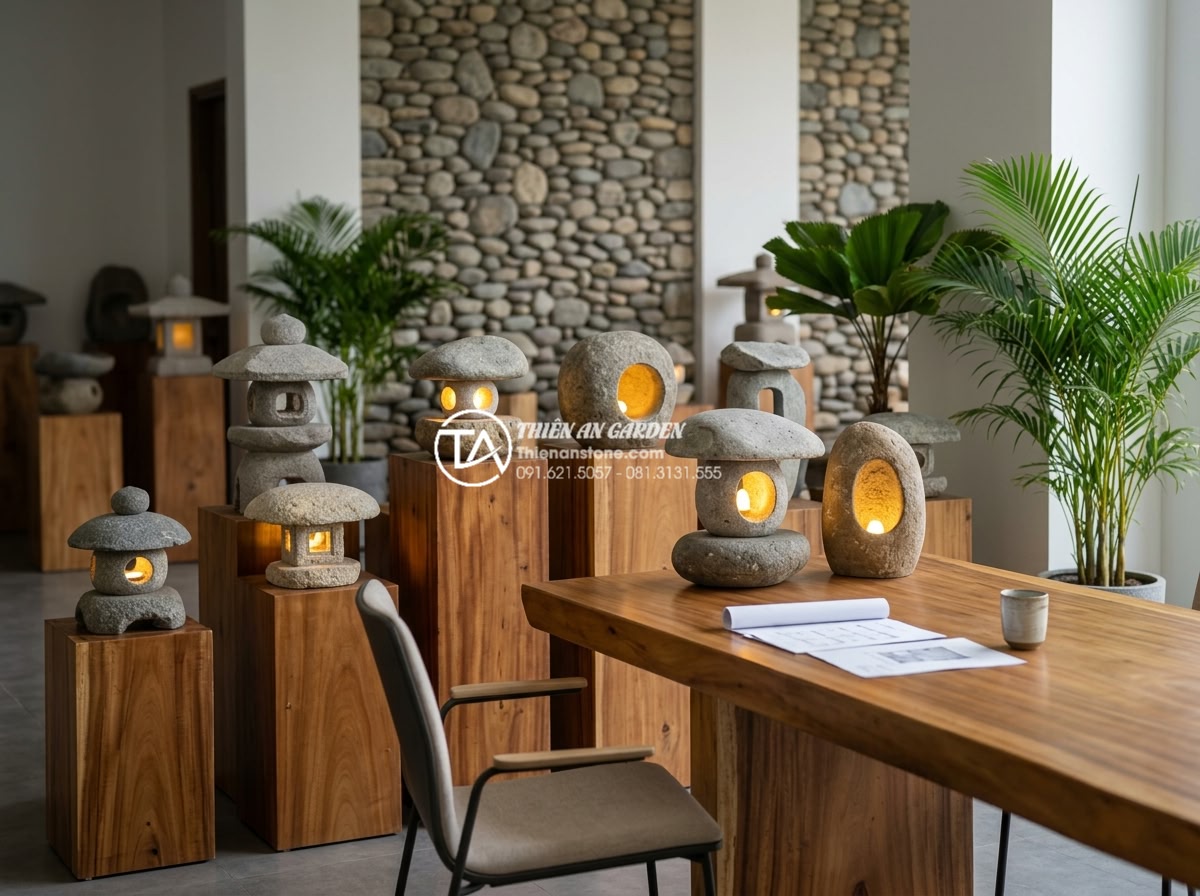 Đèn đá cuội sân vườn: Vẻ đẹp mộc mạc cho tiểu cảnh khô và hồ cá Koi - Professional consultation scene at a high-end Vietnamese stone company showroom 