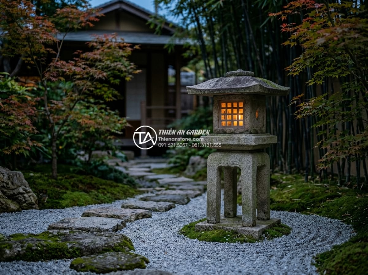 Đèn đá Oribe: Lựa chọn tối ưu cho không gian sân vườn diện tích nhỏ - Detailed realistic photograph of a traditional Japanese Oribe stone lantern from