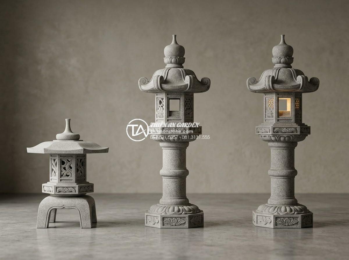 Đèn đá Oribe: Lựa chọn tối ưu cho không gian sân vườn diện tích nhỏ - Collection of three different Oribe stone lantern models displayed side by side 