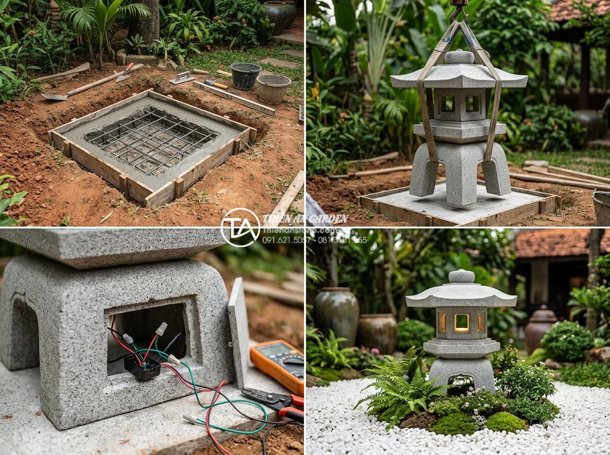 Đèn đá Oribe: Lựa chọn tối ưu cho không gian sân vườn diện tích nhỏ - Step-by-step installation process collage of Oribe stone lantern: workers prepar
