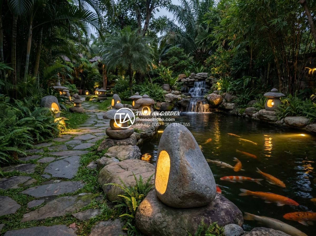 Đèn đá sân vườn có cần cúng bái khi lắp đặt không? Góc nhìn tâm linh - Wide panoramic view of a beautifully illuminated stone lantern garden in souther
