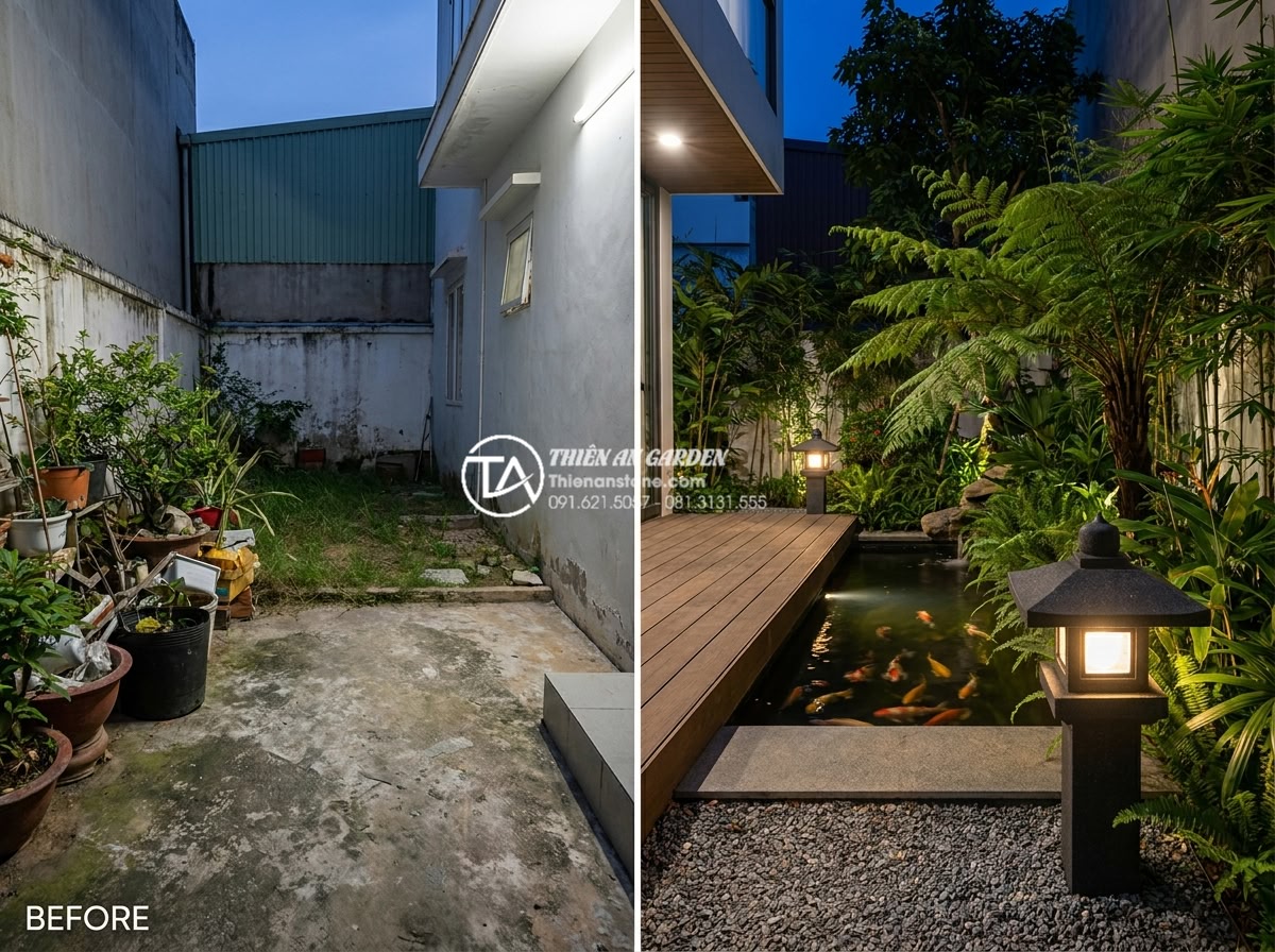 Đèn đá sân vườn kiểu hiện đại: Khi truyền thống kết hợp cùng đương đại - Before and after transformation of 30m2 small garden in Bien Hoa with modern Jap