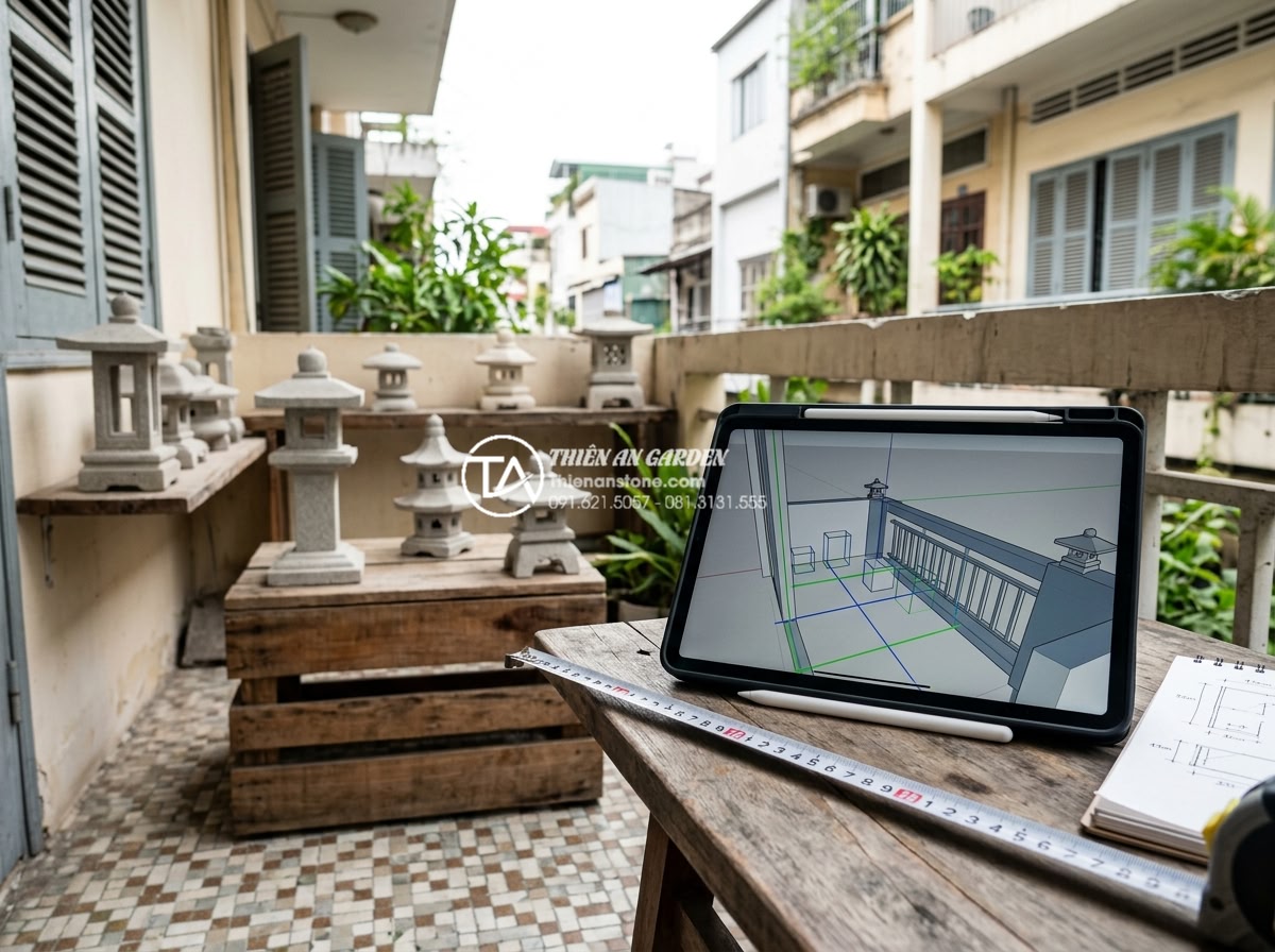 Đèn đá sân vườn mini: Giải pháp trang trí ban công và chung cư - Professional interior designer measuring a small urban balcony with tape measure
