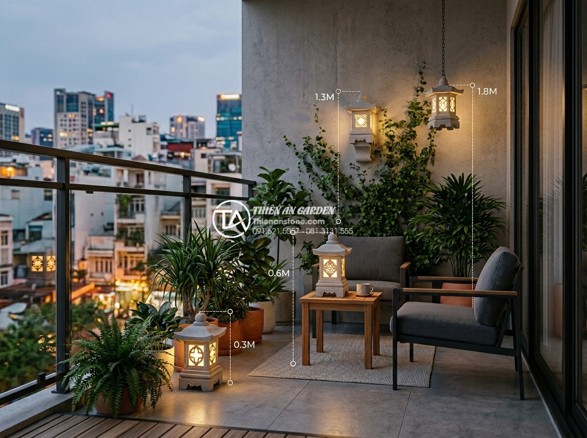 Đèn đá sân vườn mini: Giải pháp trang trí ban công và chung cư - 3D architectural rendering of a 10 square meter apartment balcony showing optima