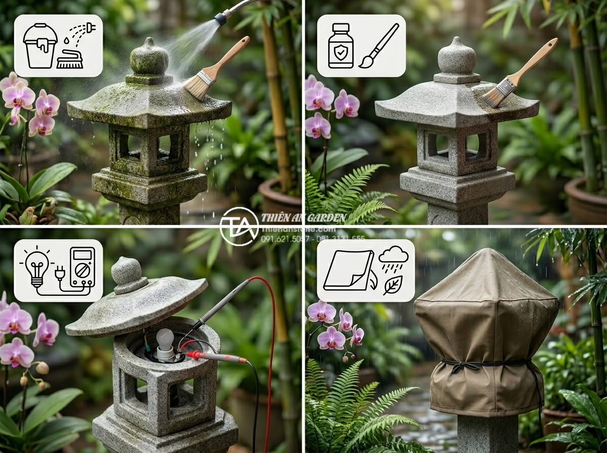 Đèn đá sân vườn mini: Giải pháp trang trí ban công và chung cư - Annual maintenance checklist infographic for stone garden lanterns including vis