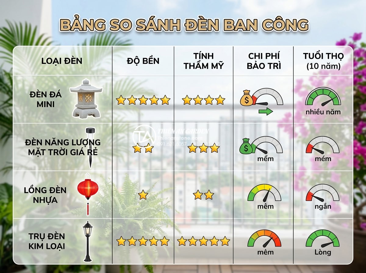 Đèn đá sân vườn mini: Giải pháp trang trí ban công và chung cư - Comparison chart showing four types of balcony lighting: mini stone lantern, che