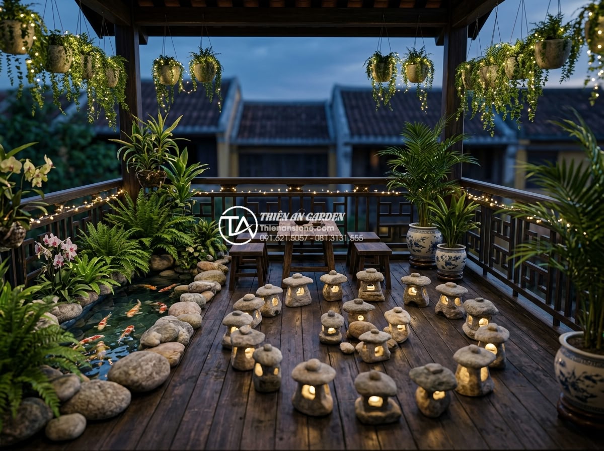 Đèn đá sân vườn mini: Giải pháp trang trí ban công và chung cư - Creative balcony concept with mini stone lanterns arranged in a spiral pattern a