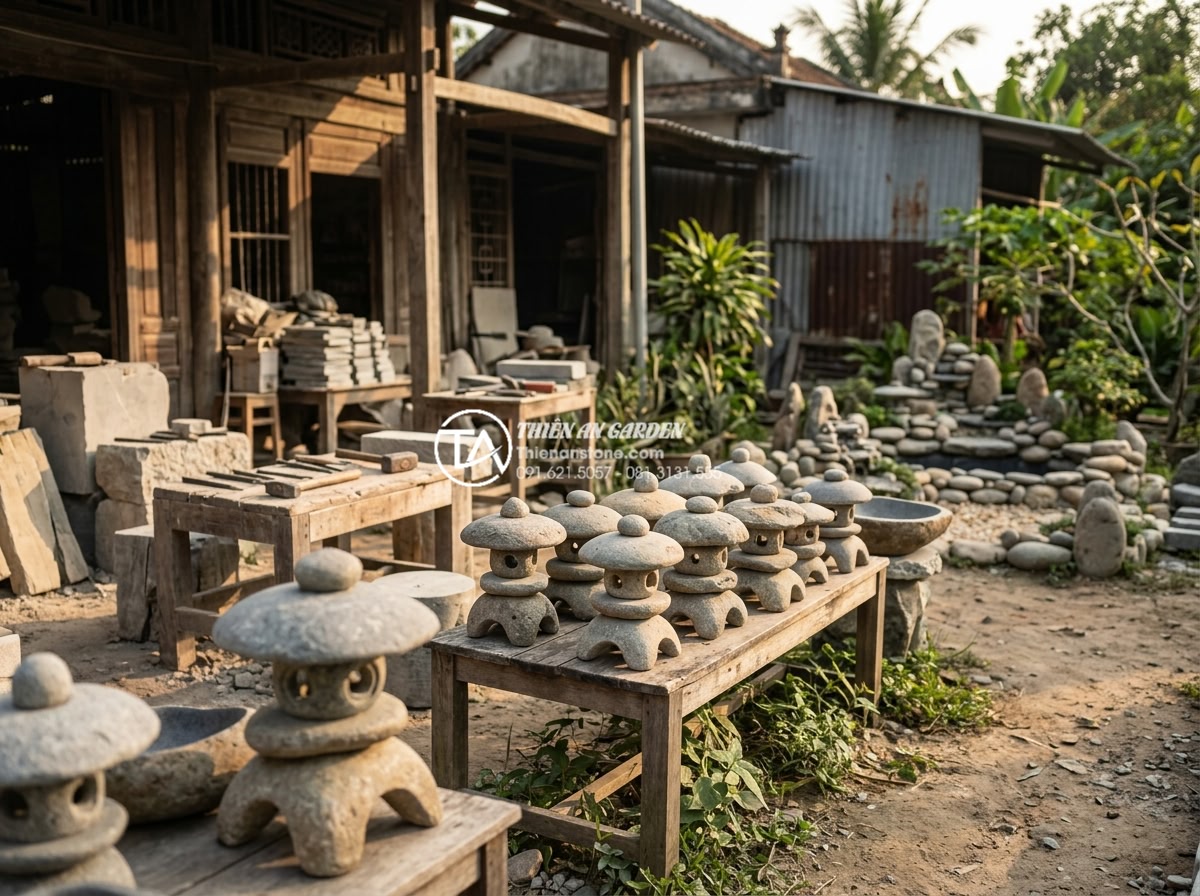 Đèn đá sân vườn mini: Giải pháp trang trí ban công và chung cư - Professional team photo of Đá Cảnh Thiên An staff including master stone carvers