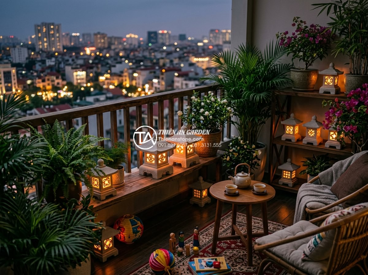 Đèn đá sân vườn mini: Giải pháp trang trí ban công và chung cư - Happy family enjoying their newly designed balcony with multiple glowing mini st