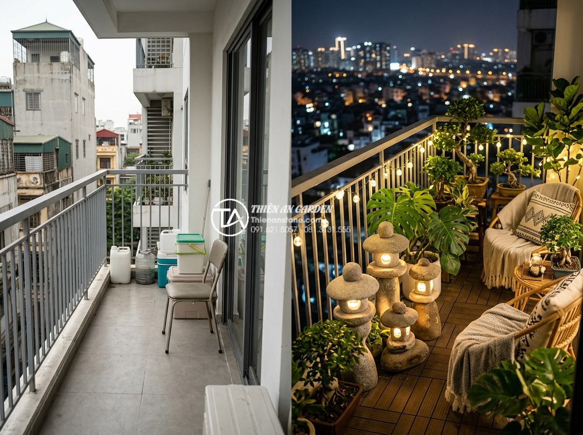 Đèn đá sân vườn mini: Giải pháp trang trí ban công và chung cư - Modern apartment balcony transformation featuring multiple mini stone lanterns o