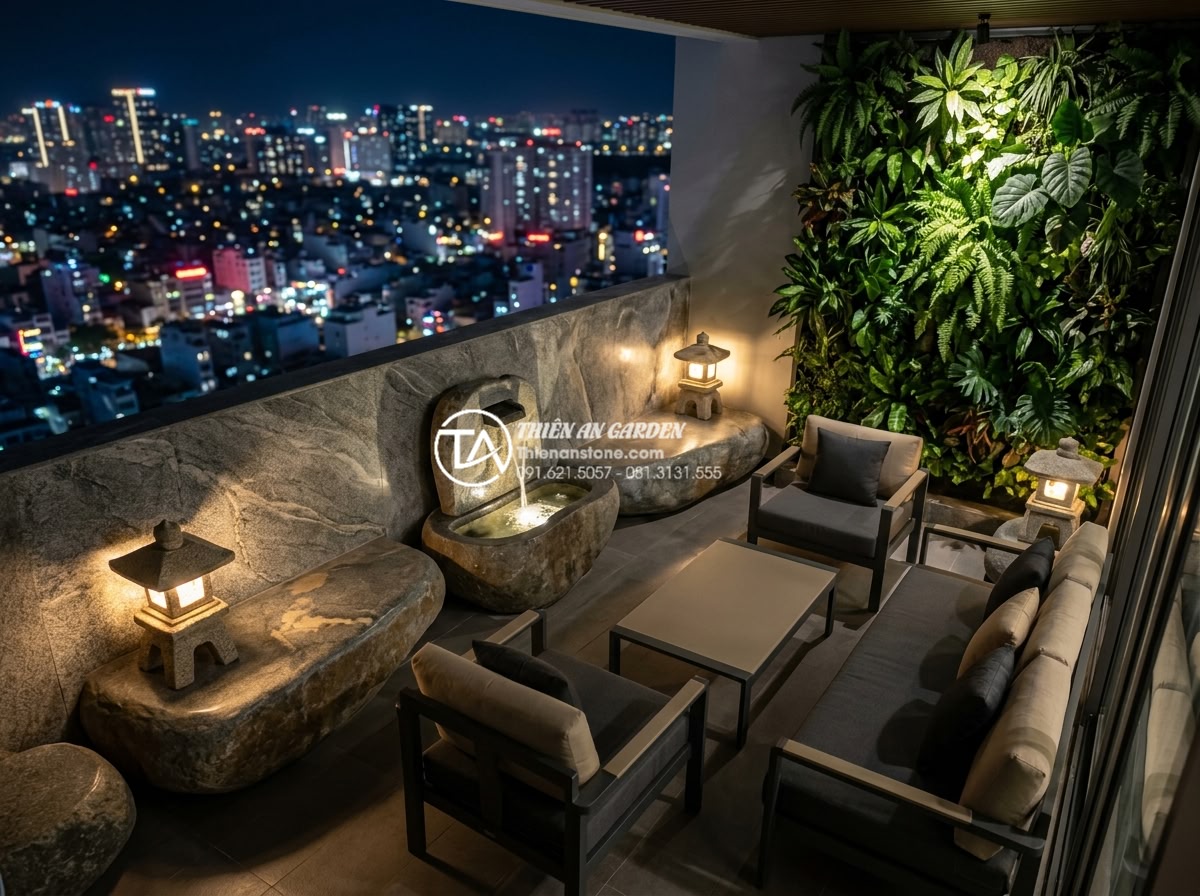 Đèn đá sân vườn mini: Giải pháp trang trí ban công và chung cư - Aerial view of luxury condominium balcony at night illuminated by three handcraf
