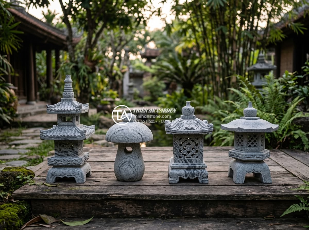 Đèn đá sân vườn mini: Giải pháp trang trí ban công và chung cư - Collection of four different mini stone garden lanterns displayed on a wooden pl