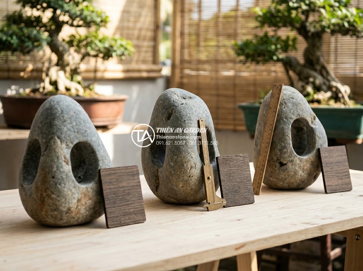 Đèn đá sân vườn mini: Giải pháp trang trí ban công và chung cư - Side-by-side comparison of three natural stone samples used for garden lanterns: