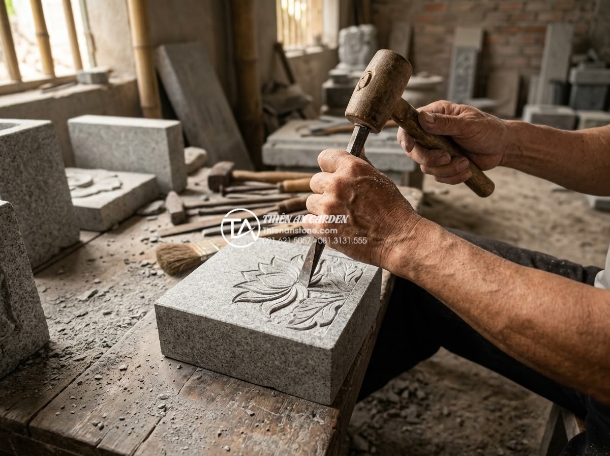 Đèn đá sân vườn mini: Giải pháp trang trí ban công và chung cư - Artisan hand-carving intricate lotus patterns on a block of granite for a custom