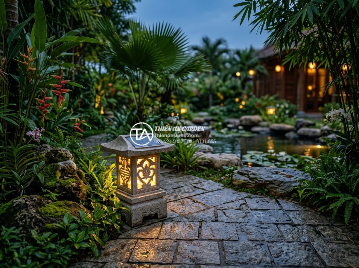 Đèn đá sân vườn năng lượng mặt trời: Giải pháp chiếu sáng xanh hiện đại - Professional high-resolution photograph of a hand-carved natural granite solar p