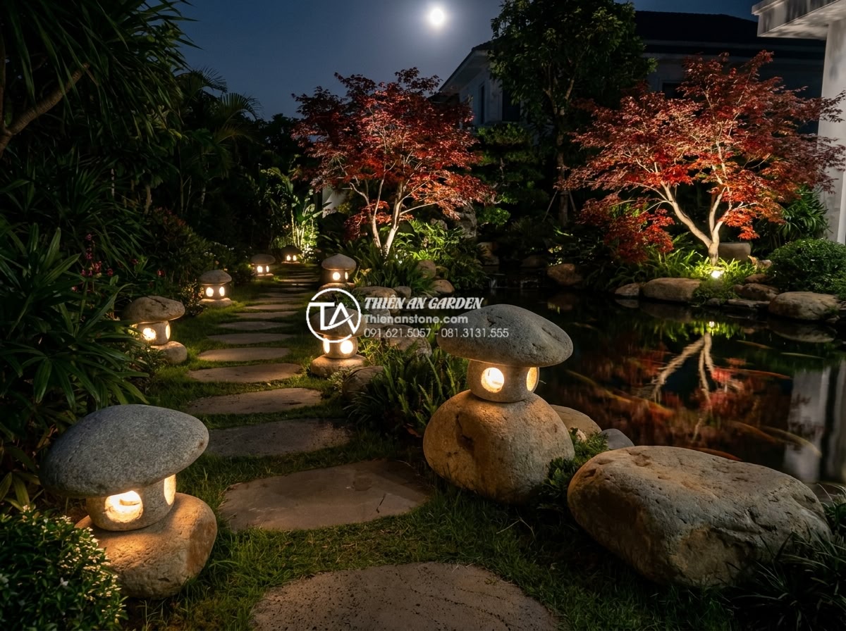 Đèn đá sân vườn tại Ninh Bình: Tìm hiểu làng nghề đá mỹ nghệ truyền thống - Completed luxury villa garden project by Da Canh Thien An featuring multiple glo