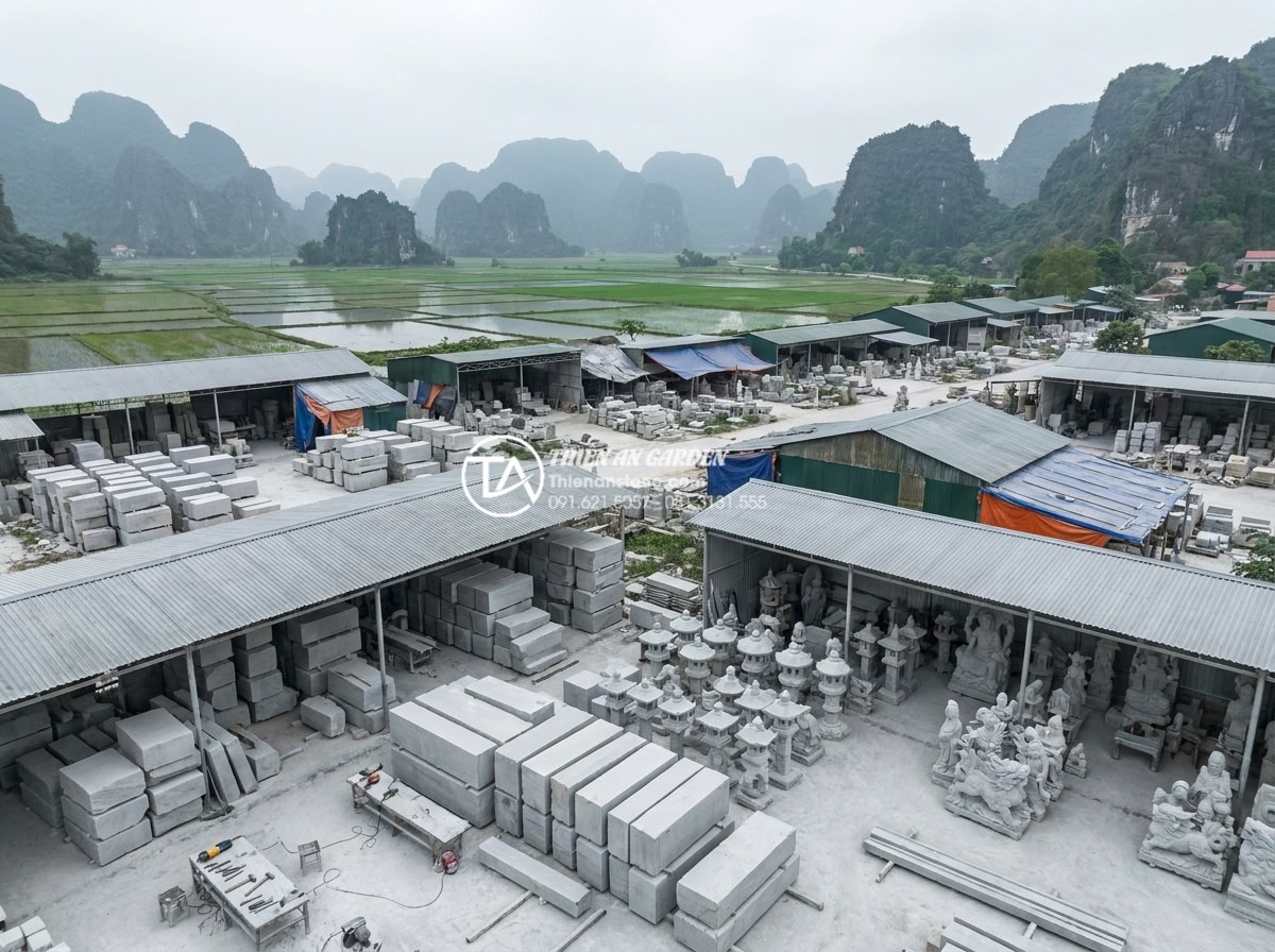 Đèn đá sân vườn tại Ninh Bình: Tìm hiểu làng nghề đá mỹ nghệ truyền thống - Aerial panoramic view of Ninh Van stone carving village in Ninh Binh Vietnam sho