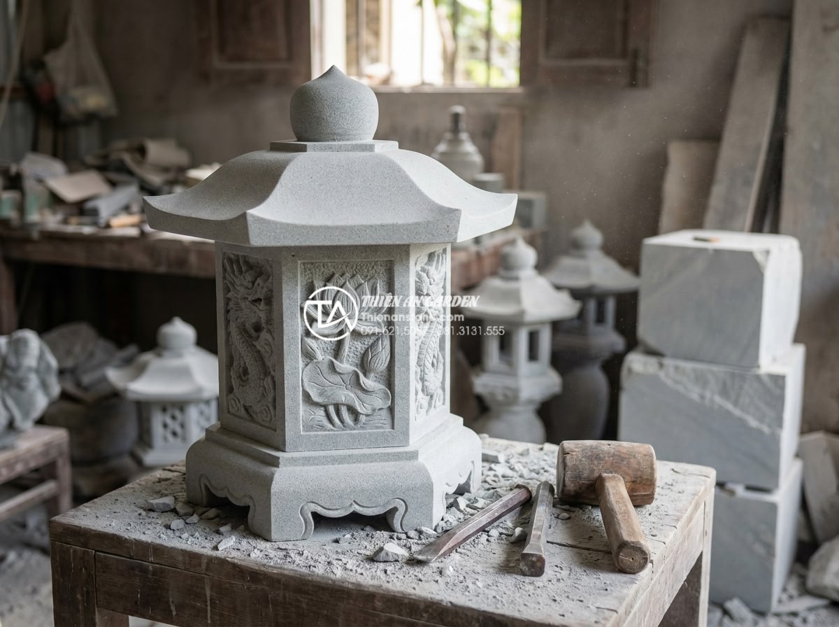 Đèn đá sân vườn tại Ninh Bình: Tìm hiểu làng nghề đá mỹ nghệ truyền thống - Skilled Vietnamese artisan from Ninh Van village hand carving intricate lotus an