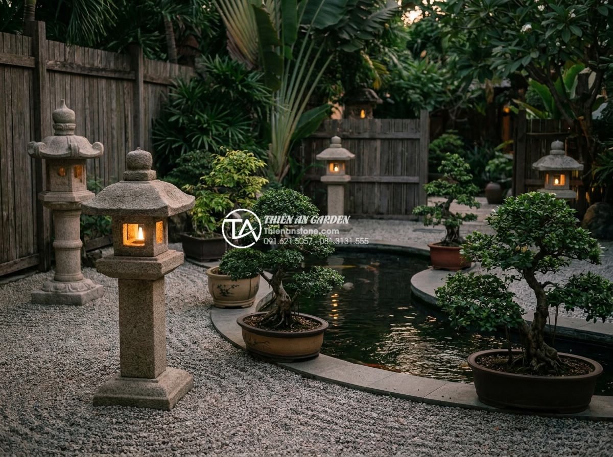 Đèn đá sân vườn tại Ninh Bình: Tìm hiểu làng nghề đá mỹ nghệ truyền thống - Japanese style zen garden in Vietnam featuring multiple stone lanterns from Ninh