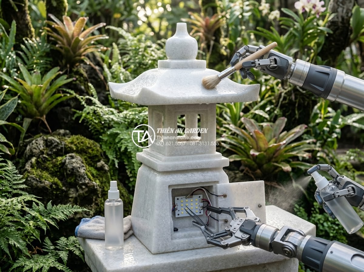 Đèn đá sân vườn: Tổng hợp kiến thức, phân loại và xu hướng 2026 - Detailed photorealistic maintenance scene of a stone garden lamp being professio