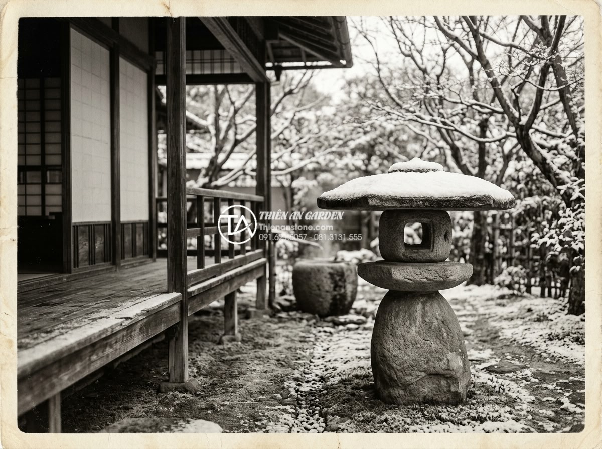 Đèn đá Yukimi Gata là gì? Tại sao gọi là đèn đá ngắm tuyết? - Vintage-style archival photograph showing a traditional Yukimi Gata stone lanter