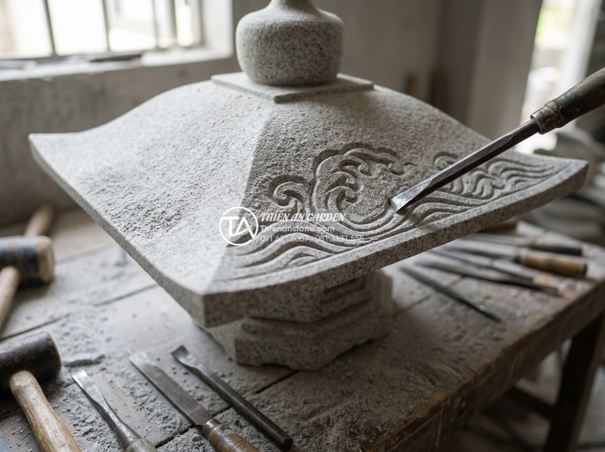 Đèn đá Yukimi Gata là gì? Tại sao gọi là đèn đá ngắm tuyết? - Detailed studio shot of a master Japanese-style stone carver hand-chiseling intr