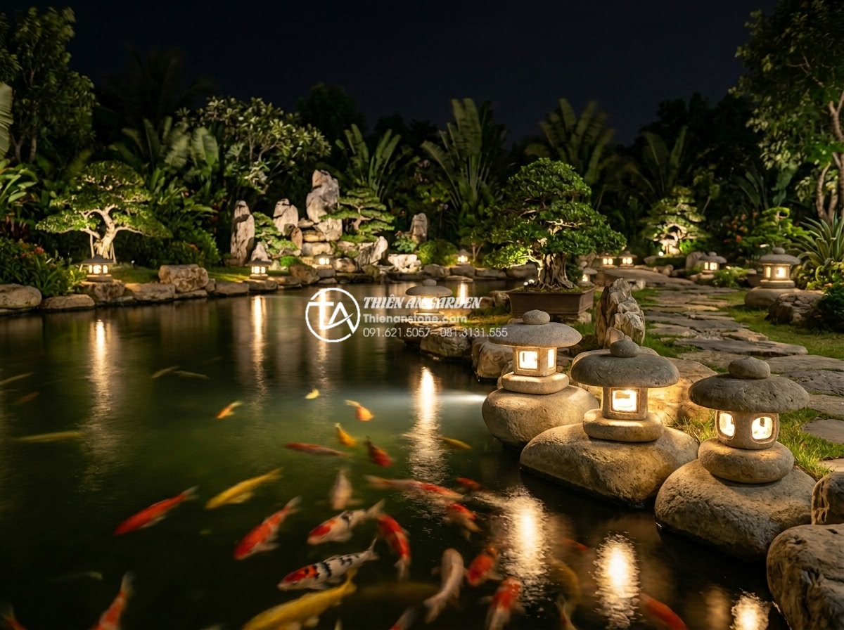 Đèn đá Yukimi Gata là gì? Tại sao gọi là đèn đá ngắm tuyết? - Wide-angle professional photograph of a luxurious Vietnamese resort garden at ni