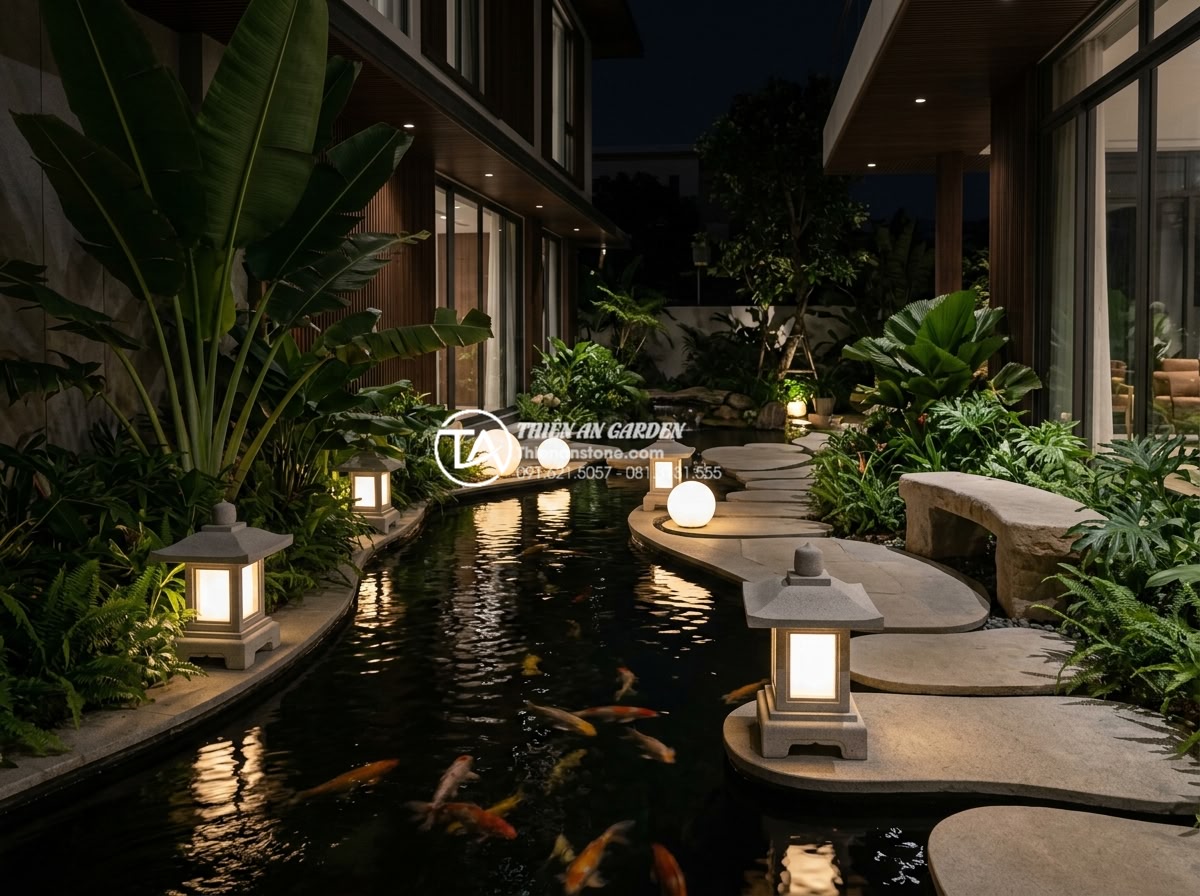 Địa chỉ bán đèn đá sân vườn TPHCM giá tốt, giao hàng toàn quốc - Hình 3 Địa chỉ bán đèn đá sân vườn TPHCM giá tốt, giao hàng toàn quốc - Wide angle high quality image of elegant stone garden lanterns and spherical lam
