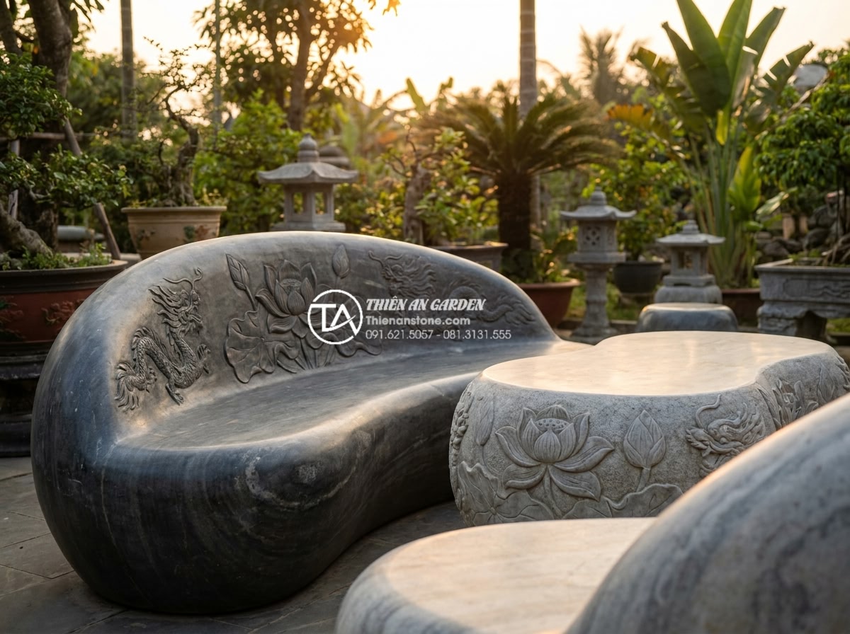 Địa chỉ mua bàn ghế đá tự nhiên uy tín tại Ninh Bình và Thanh Hóa - Hình 2 Địa chỉ mua bàn ghế đá tự nhiên uy tín tại Ninh Bình và Thanh Hóa - Close-up detail of premium natural granite and limestone stone garden furniture
